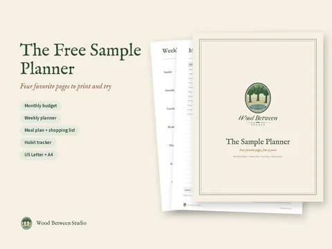 The free sample planner: cover page, monthly budget page and weekly planner page