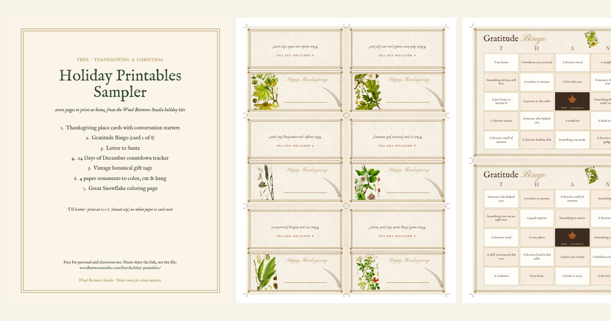 Free holiday printables sampler: cover, Thanksgiving place cards, gratitude bingo and letter to Santa
