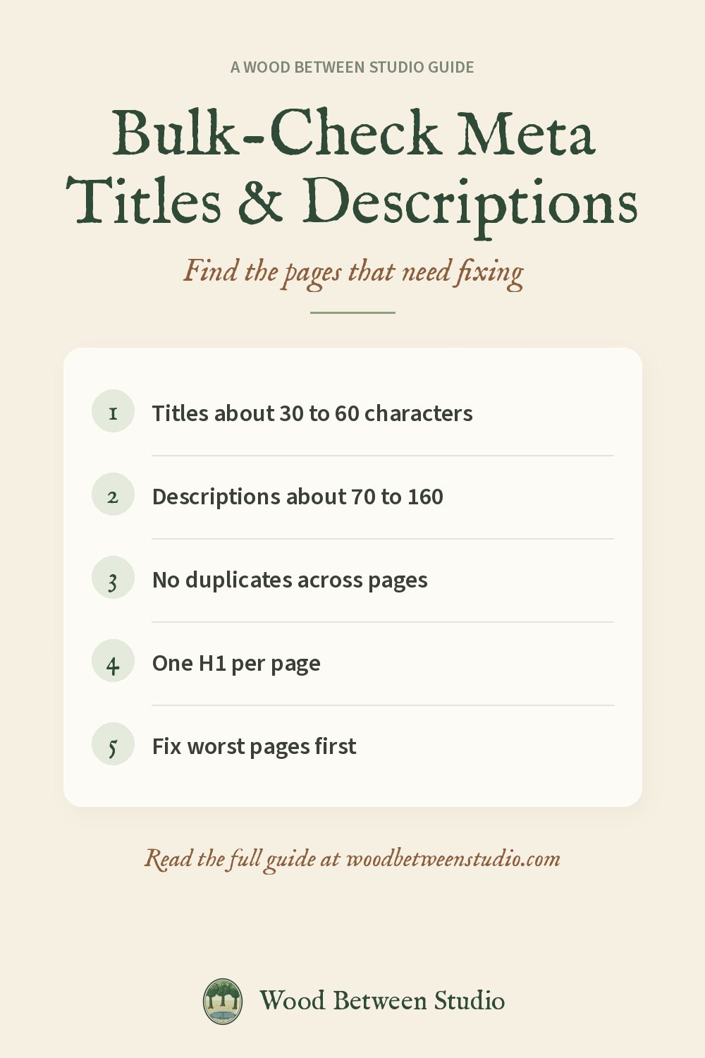 Pinterest image for this guide: Bulk-Check Meta Titles & Descriptions. Titles about 30 to 60 characters. Descriptions about 70 to 160. No duplicates across pages. One H1 per page. Fix worst pages first.
