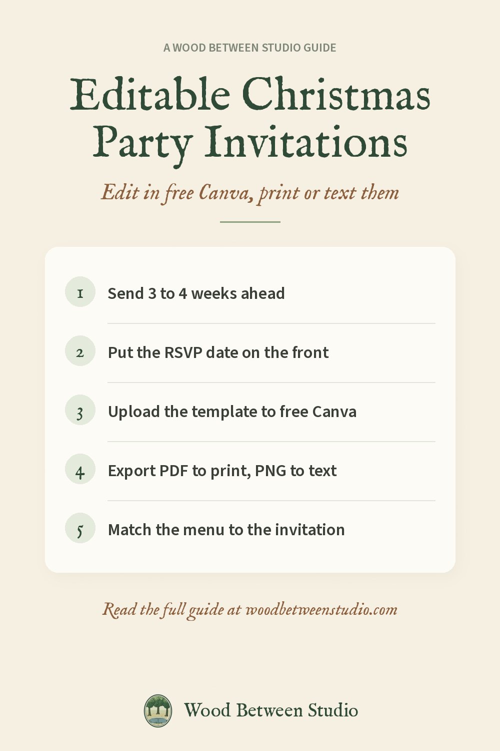 Pinterest image for this guide: Editable Christmas Party Invitations. Send 3 to 4 weeks ahead. Put the RSVP date on the front. Upload the template to free Canva. Export PDF to print, PNG to text. Match the menu to the invitation.