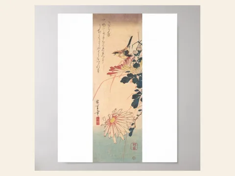 A Wren and Chrysanthemums by Hiroshige: preview
